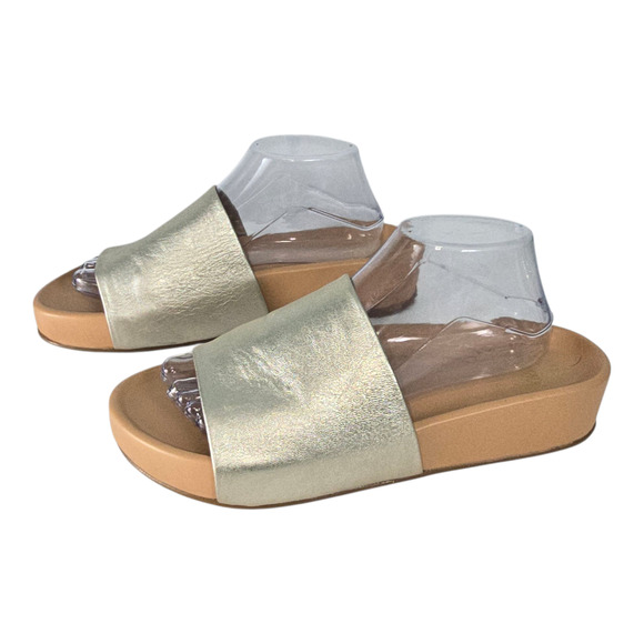 Beek Pelican in Metallic Gold Upper Tan Footbed Leather Slide Sandals Size 11 - Picture 2 of 14